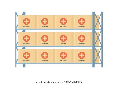 Coronavirus vaccine storage rack. Warehouse with covid vaccines. Anti virus campaign. Vector illustration on flat style in white background.