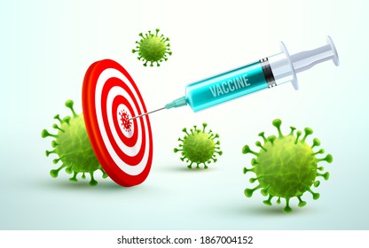 Coronavirus Vaccine and syringe injection to target dartboard.Blue syringe injection tool for covid19 immunization treatment.Vaccine for COVID-19 Corona virus outbreaking and Pandemic medical health.