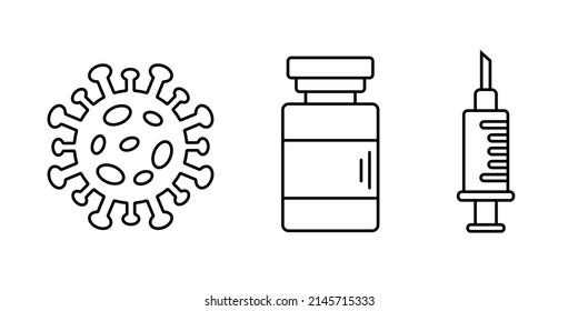Coronavirus, vaccine and syringe. Vector black icons. Vector clipart isolated on white background.