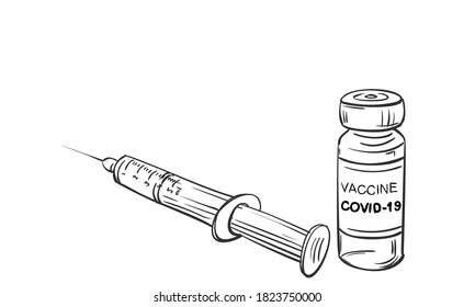 Coronavirus Vaccine syringe vector drawing. Hand drawn drug ampoule and syringe injection isolated. Fight against coronavirus. Vaccination, immunization, treatment from Covid-19, nCoV 2019