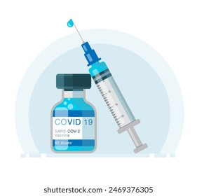 Coronavirus vaccine. Syringe and vaccine vial flat icons.
