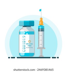 Coronavirus vaccine. Syringe and vaccine vial flat icons.