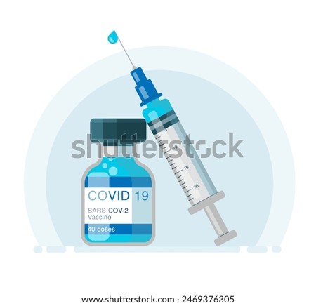 Coronavirus vaccine. Syringe and vaccine vial flat icons.
