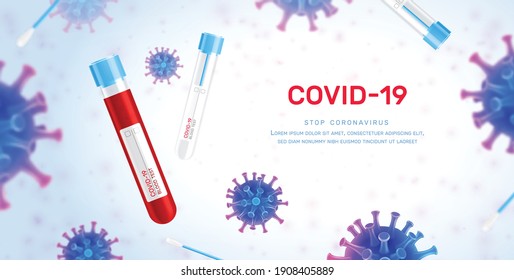 Coronavirus vaccine test realistic background with composition of text flying test tubes and colorful virus icons vector illustration