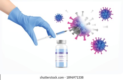 Coronavirus vaccine test realistic composition with colorful images of flying viruses and human hand holding syringe vector illustration