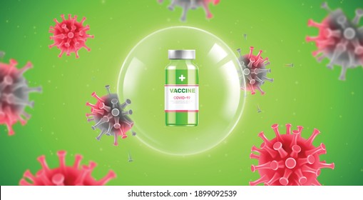 Coronavirus vaccine test realistic composition with images of flying virus bacteria and medical jar inside bubble vector illustration