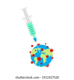 Coronavirus vaccine. Vaccinating earth. Syringe pierces Covid-19 bacteria. Cure for infection