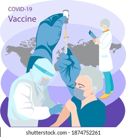 Сovid-19 coronavirus vaccine. Coronavirus vaccine and vaccination around the world. the nurse vaccinates the patient. hands in blue gloves hold an ampoule, a syringe. with a world map background