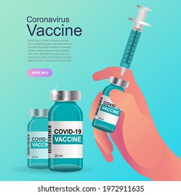 Coronavirus vaccine. vaccination with vaccine bottle and syringe injection tool for covid19 immunization treatment. Vector illustration.
