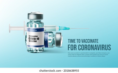 Coronavirus-Impfstoff und Impfung, Impfflasche und Spritze aus COID-19, Vektor. Corona-Virus oder Covid-19-Banner mit Impfstoffspritze, Schutz vor pandemischen Krankheiten und globaler Impfung