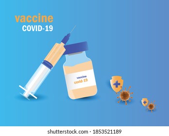 Coronavirus vaccine vector background.  vaccine bottle and syringe injection tool for covid19 immunization treatment. Vector illustration.