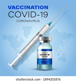 Coronavirus-Impfstoff, Vektorhintergrund. Covid-19 Korona-Virus-Impfung mit Impfflasche und Spritze-Injektionstool zur Covid19-Impfung. Vektorgrafik.