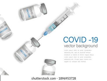 Coronavirus vaccine vector background. Covid-19 vaccination with vaccine bottle and syringe injection tool for immunization treatment.