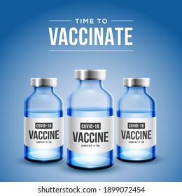 Coronavirus vaccine vector background. Covid-19 corona virus vaccination with realistic 3d vaccine bottle and syringe injection tool for covid19 immunization treatment. Vector illustration.