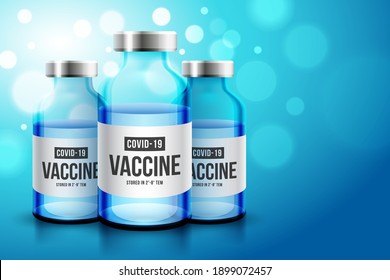 Coronavirus vaccine vector background. Covid-19 corona virus vaccination with realistic 3d vaccine bottle for covid19 immunization treatment. Vector illustration.