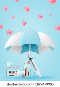 Coronavirus vaccine vector background. Covid-19 corona virus vaccination with realistic art style for time to vaccinate Vector illustration.
