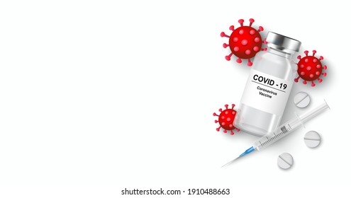 Coronavirus vaccine vector background. Covid-19 corona virus vaccination with vaccine bottle and syringe injection tool for covid19 immunization treatment. Vector illustration.Mock up