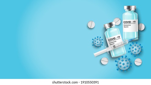 Coronavirus vaccine vector background. Covid-19 corona virus vaccination with vaccine bottle and syringe injection tool for covid19 immunization treatment. Vector illustration.Mock up