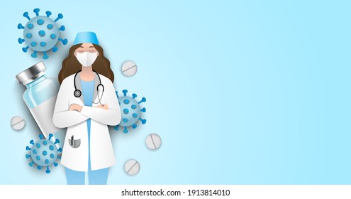Coronavirus vaccine vector background. Covid-19 corona virus vaccination with vaccine bottle and syringe injection tool for covid19 immunization treatment. Vector illustration.Mock up
