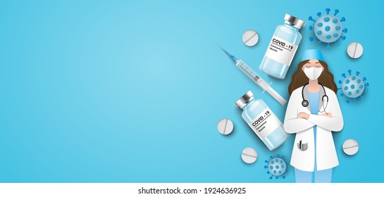 Coronavirus vaccine vector background. Covid-19 corona virus vaccination with vaccine bottle and syringe injection tool for covid19 immunization treatment. Vector illustration.Mock up, banner.