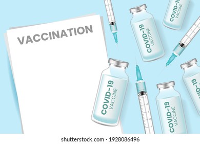 Coronavirus vaccine vector background. Covid-19 corona virus vaccination with vaccine bottle and syringe injection tool for covid-19 immunization treatment. Vector illustration.