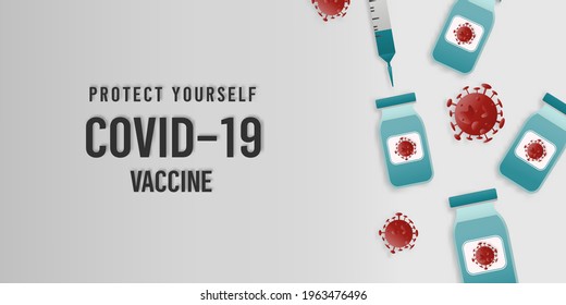Coronavirus vaccine vector background. Covid-19 corona virus vaccination with vaccine bottle and syringe injection tool for covid19 immunization treatment. Vector illustration.