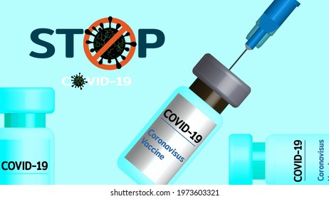 Coronavirus vaccine vector background. Covid-19 corona virus vaccination with vaccine bottle and syringe injection tool for covid19 immunization treatment. Vector illustration. Stop Coronavirus.