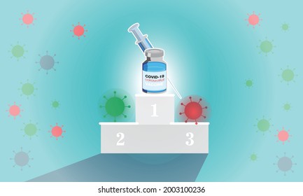 Coronavirus Vaccine Vector Background, Coronavirus COVID-19 Vaccination With Vaccine Bottle And Syringe Tool, Vector Illustration, No People, Concept Vaccine triumphs over virus