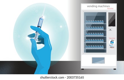 Coronavirus Vaccine Vector Background, Coronavirus COVID-19 Vaccination With Vaccine Bottle And Syringe Tool, Vector Illustration, Concept Vaccine In Vending Machine For Everyone