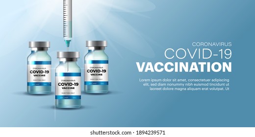Coronavirus vaccine vector banner background. Covid-19 corona virus vaccination with vaccine bottle and syringe injection tool for covid19 immunization treatment. Vector illustration.