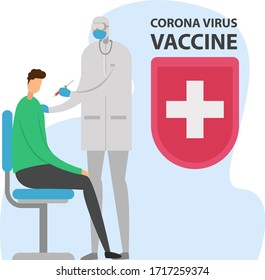 Coronavirus vaccine vector concept, with doctor wearing hazmat suit while injecting his patient with vaccine in the white background with blue shades