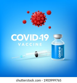 Coronavirus vaccine vector. Covid-19 coronavirus vaccination syringe injection tool and treatment bottle for covid19 treatment with 2019-ncov 3d illustration. Vector illustration Background.