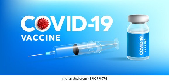 Coronavirus vaccine vector. Covid-19 coronavirus vaccination syringe injection tool and treatment bottle for covid19 treatment with 2019-ncov 3d illustration. Landscape vector illustration background.