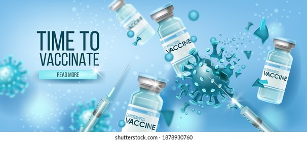 Conceito médico de vetor de vacina contra coronavírus com garrafas de vidro, destruindo a molécula azul de COVID-19. Histórico de saúde de prevenção de doenças pandêmicas globais. Projeto científico de proteção de vacina contra coronavírus