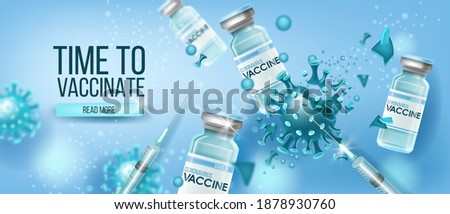 Coronavirus vaccine vector medical concept with glass bottles, destructing blue COVID-19 molecule.Global pandemic disease prevention health background. Scientific coronavirus vaccine protection design
