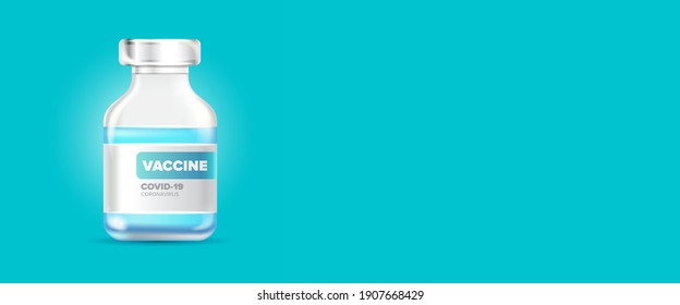 Vector de vacuna Coronavirus base realista con frasco de vidrio de vacuna para el tratamiento de inmunización covid19. Pancarta horizontal de la plantilla de diseño de la vacuna anti covid 19 del vector