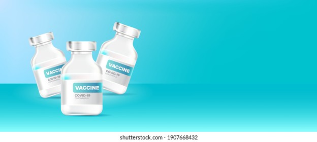 Coronavirus vaccine vector realistic background with vaccine glass  bottle for covid19 immunization treatment. Vector anti covid 19 vaccine design template horizontal banner
