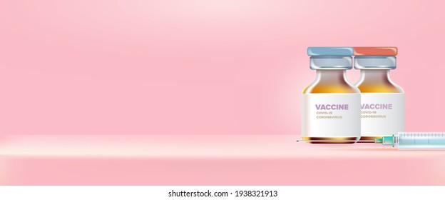 Vector de vacuna Coronavirus base realista con frasco de vidrio de vacuna para el tratamiento de inmunización covid19. Vector anti covid 19 plantilla de diseño de vacunas pancarta horizontal rosa
