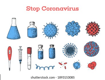 Coronavirus vaccine vector set. Corona virus. Coronavirus 2019-nCoV. Illustrations with syringe injection tools, vaccine bottle, and different viruses.  Vintage medical sketches
