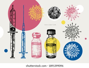 Coronavirus vaccine vector set. Hand-sketched concept of Covid-19 vaccination with vaccine bottle, syringe injection tools, viruses, and geometric elements. Medical poster in collage style.