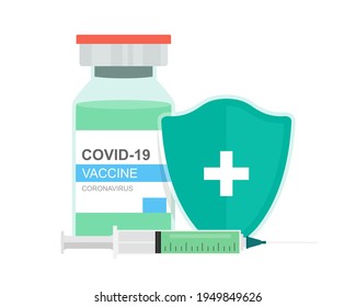 Coronavirus vaccine. Vector set of objects. Syringe with vaccine bottle and protection shield.