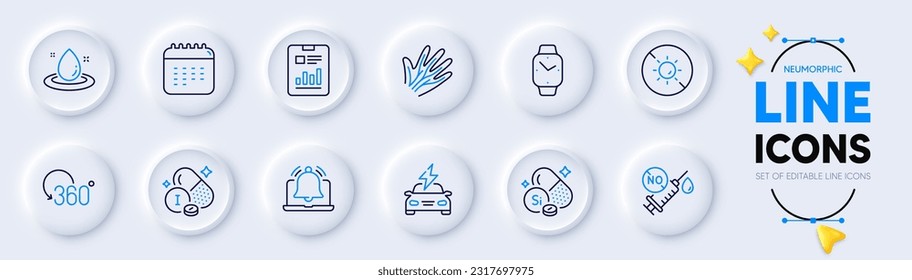 Coronavirus vaccine, Veins and Reminder line icons for web app. Pack of Report document, Smartwatch, Iodine mineral pictogram icons. Silicon mineral, Car charging, Full rotation signs. Vector