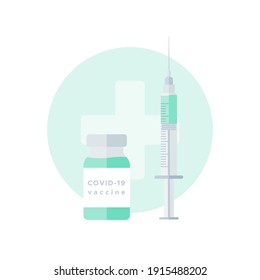 Coronavirus vaccine. Vial bottle and empty syringe. For prevention and immunization from Covid-19. Vector illustration, flat design