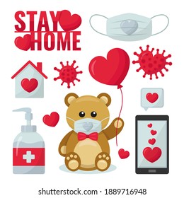 Coronavirus Valentines Day Vector Set: Teddy Bear, Balloon, Heart, Smartphone, Mask, Soap, Home. Illustration in social distancing concept. Isolated on white background.