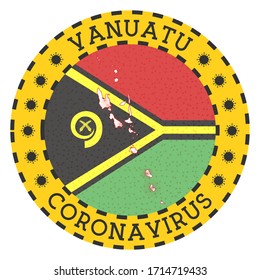 Coronavirus in Vanuatu sign. Round badge with shape of Vanuatu. Yellow country lockdown emblem with title and virus signs. Vector illustration.