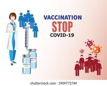 Coronavirus vector background with doctor, vaccine bottles, syringe, people silhouettes - vaccinated and no vaccinated. Vector illustration to popularize Covid-19 vaccination. 