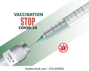 Coronavirus vector background with vaccine bubble and syringe close-up on white and green background. Vector illustration to popularize Covid-19 vaccination. 