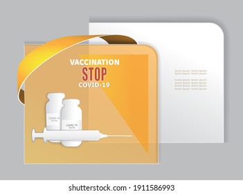 Coronavirus vector background in yellow-gray tones with syringe and vaccine bottles. Vector illustration to popularize Covid-19 vaccination. 