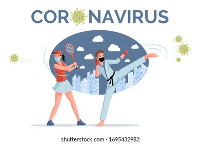 Coronavirus vector banner template. Sportsmen, tennis player and karate man in protective masks fight against covid-19 flat illustration. Stop Coronavirus outbreak, global pandemic poster design.