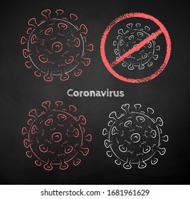 Coronavirus vector chalk drawn illustrations collection isolated on black chalkboard background.